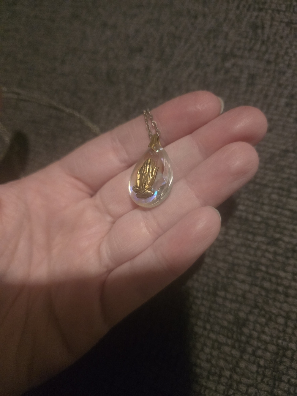 Vintage Iridescent Crystal Pendant Gold-toned "Praying Hands" Necklace
